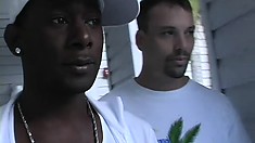 Horny white stud has a black boy fucking his tight anal hole deep and rough