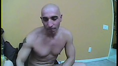 Bald Headed Guy Bruno Strips Off His Clothes And Gives A Great Blowjob